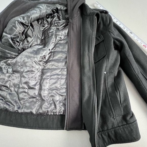 Guess Men Hooded Coat Wool Blend Size MEDIUM Black Full Zip Lined Thermal Jacket - Picture 2 of 8